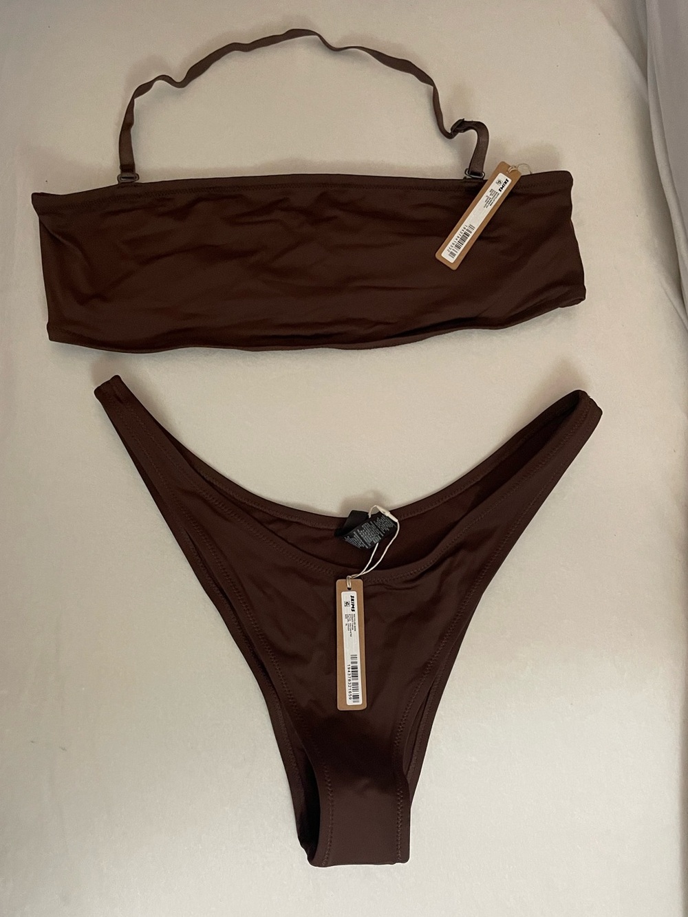 SKIMS 2Pc SET Bandeau Bikini Top & Cheeky Tanga Bottom Cocoa Brown Size XL